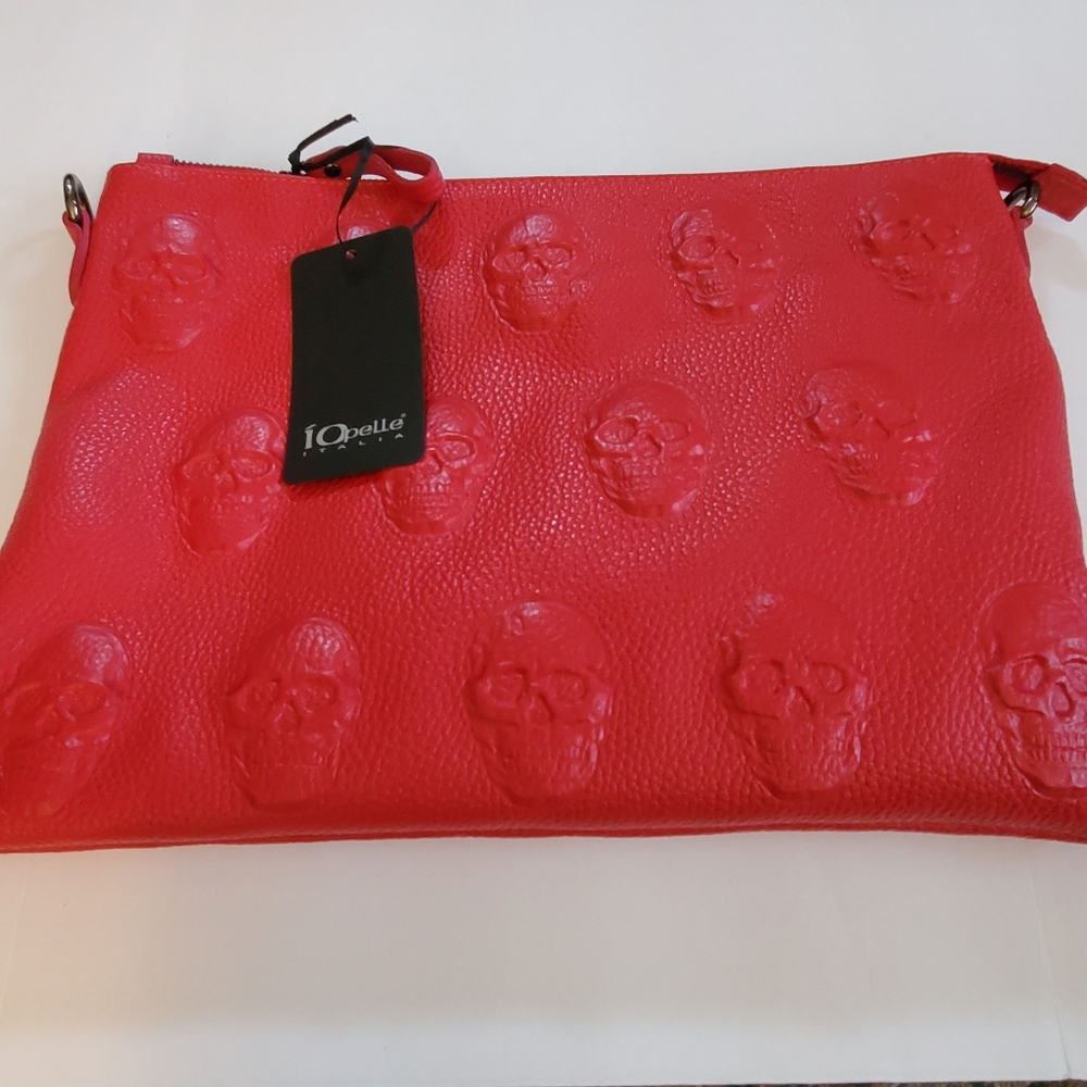 IOpelle Skull Embossed Crossbody Bag Red Leather NWT